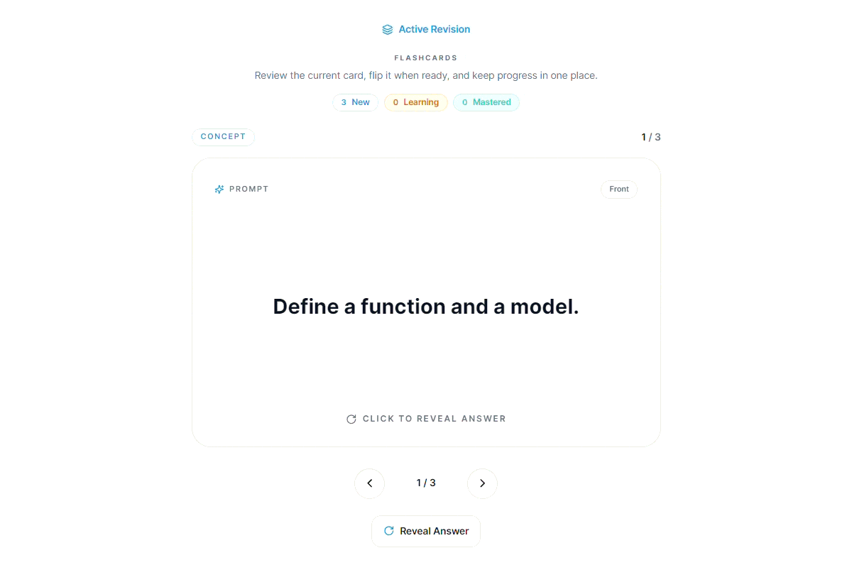 Screen recording of flashcard study mode in Enstine Notes